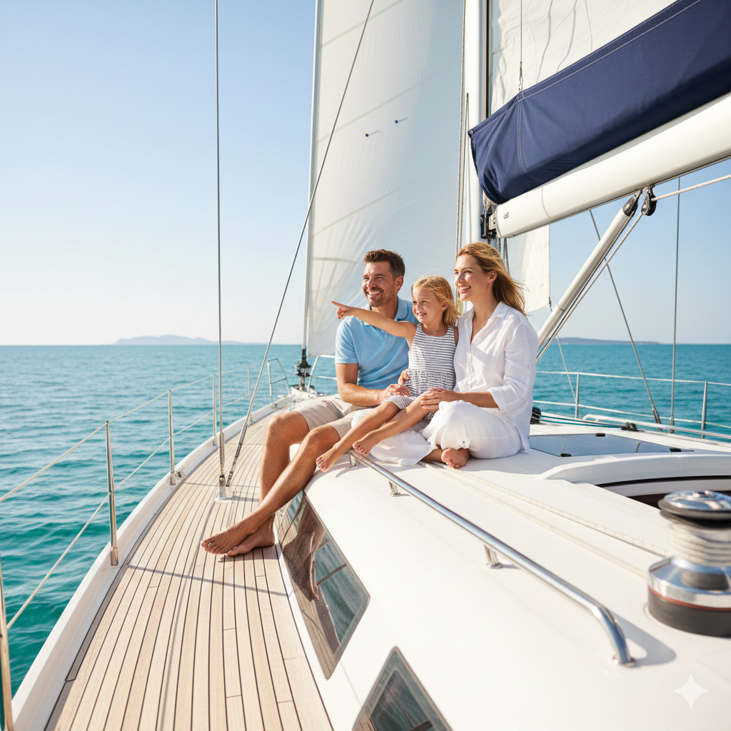 Family enjoying freedom on a boat